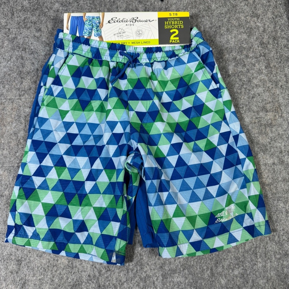 Eddie Bauer Kids Youth Hybrid Shorts 2 Pack Blue Green Geometric Size S 7/8 NEW